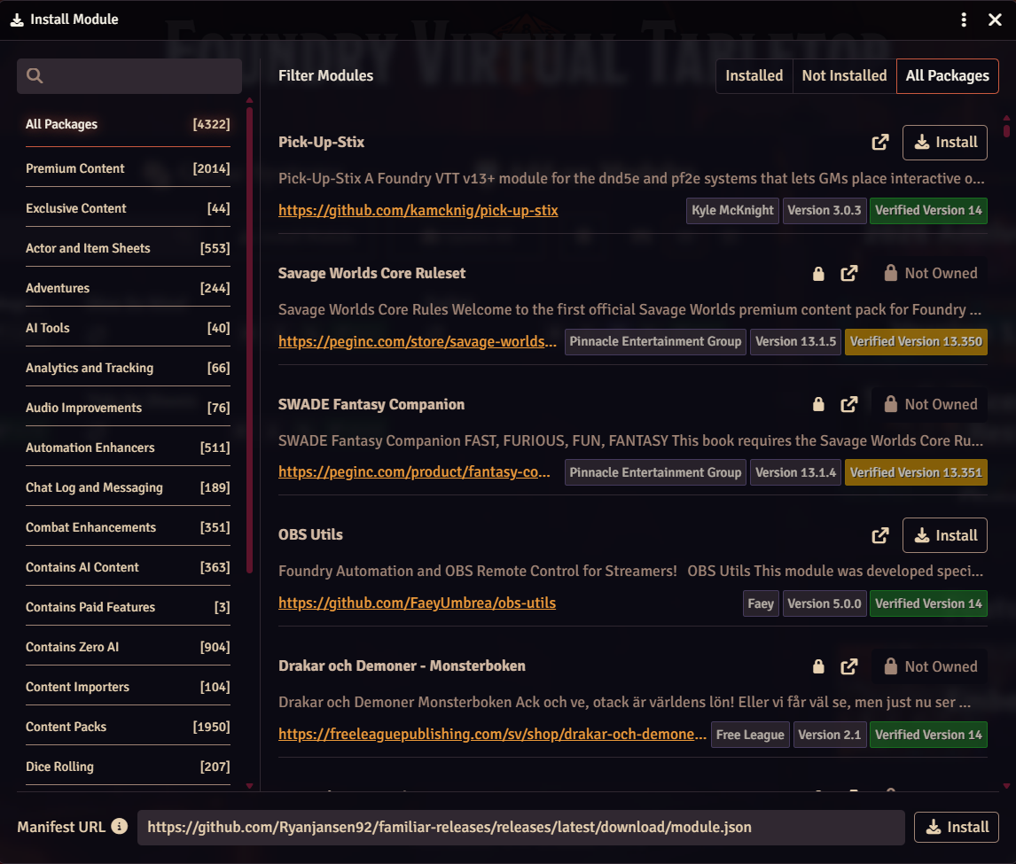 Foundry's Install Module dialog with Familiar's manifest URL pre-filled in the Manifest URL field at the bottom.