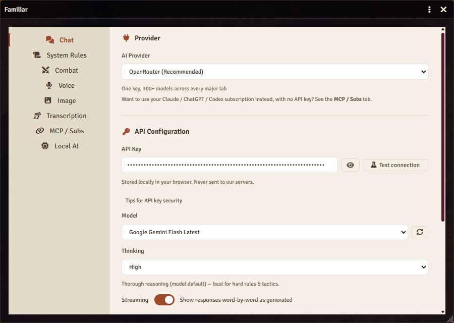 Familiar's built-in chat settings in Foundry: the AI provider set to OpenRouter (one key, 300+ models), an API key field noting the key is stored locally in your browser and never sent to a Familiar server, plus a model picker, a Thinking control for reasoning effort, and a streaming toggle.