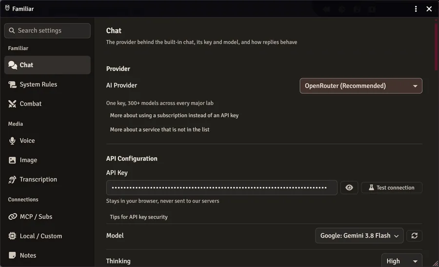 Familiar's built-in chat settings in Foundry, on the Chat tab: the AI provider set to OpenRouter (one key, 300+ models), an API key field shown as dots with an eye toggle and a Test connection button, noting the key stays in your browser and is never sent to a Familiar server, then the model picker and the Thinking control.