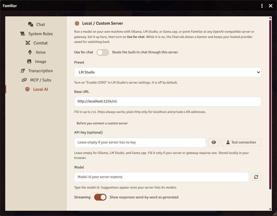 Familiar's Local AI settings tab in Foundry: the Use for chat switch, a preset dropdown set to LM Studio, the base URL http://localhost:1234/v1, an optional API key field, a model id field, and a streaming toggle.
