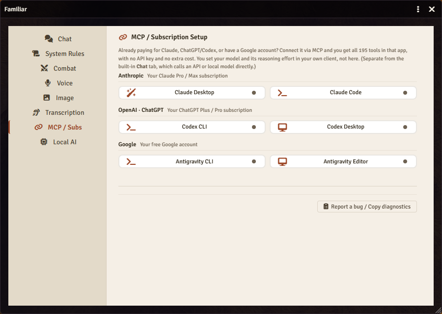 Familiar's MCP and subscription setup in Foundry: six client cards in three groups, Claude Desktop and Claude Code under an Anthropic subscription, Codex CLI and Codex Desktop under a ChatGPT subscription, and Antigravity CLI and Antigravity Editor under a free Google account.