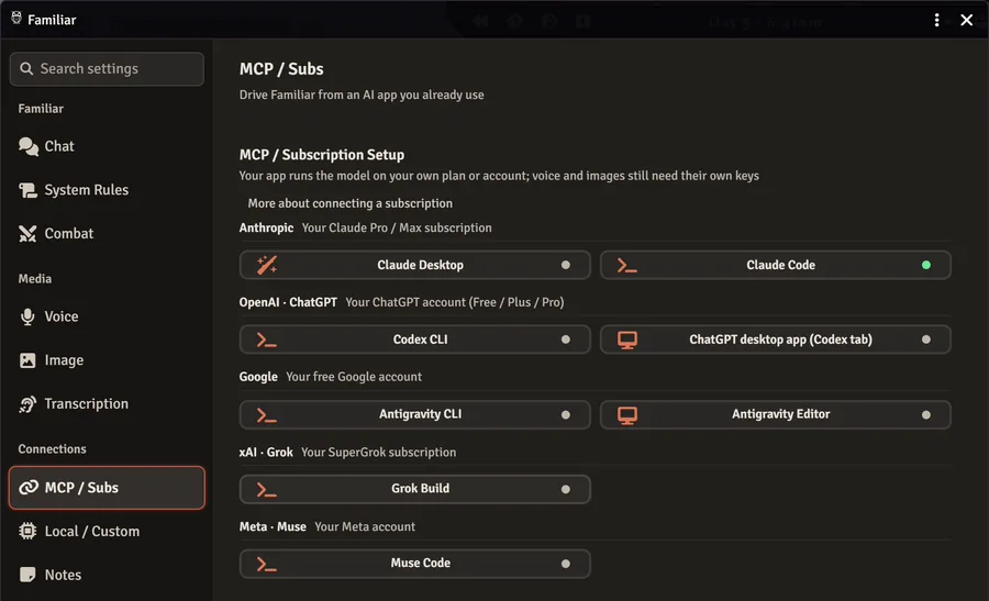 Familiar's MCP and subscription setup in Foundry: eight client cards in five groups, Claude Desktop and Claude Code under an Anthropic subscription with Claude Code's dot lit green, Codex CLI and the ChatGPT desktop app (Codex tab) under a ChatGPT account, Antigravity CLI and Antigravity Editor under a free Google account, Grok Build under a SuperGrok subscription, and Muse Code under a Meta account.