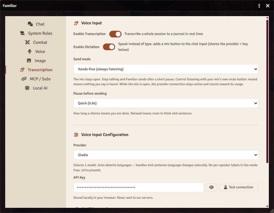 Familiar's transcription settings: session transcription and dictation enabled, a hands-free send mode with a short pause before sending, and the Gladia provider with the API key stored in the browser.